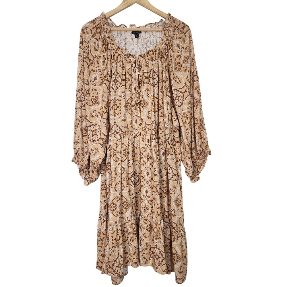 Torrid Size 4 Boho Peasant Mini Dress Tan Brown Paisley Print Flowy Tiered